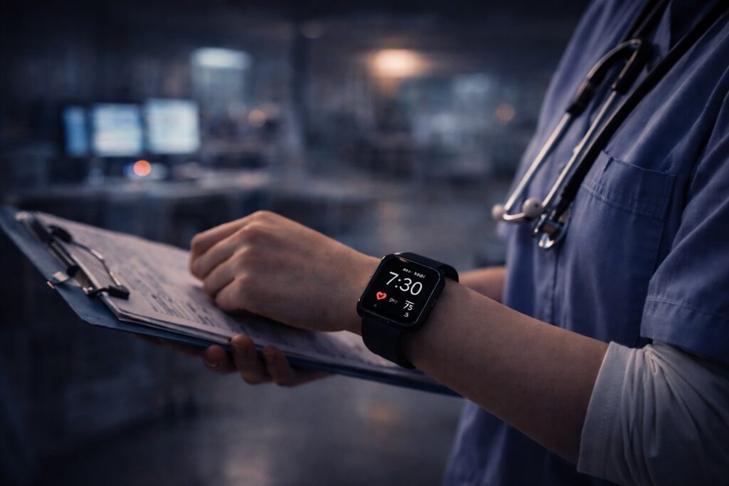 夜勤看護師の手元 スマートウォッチ